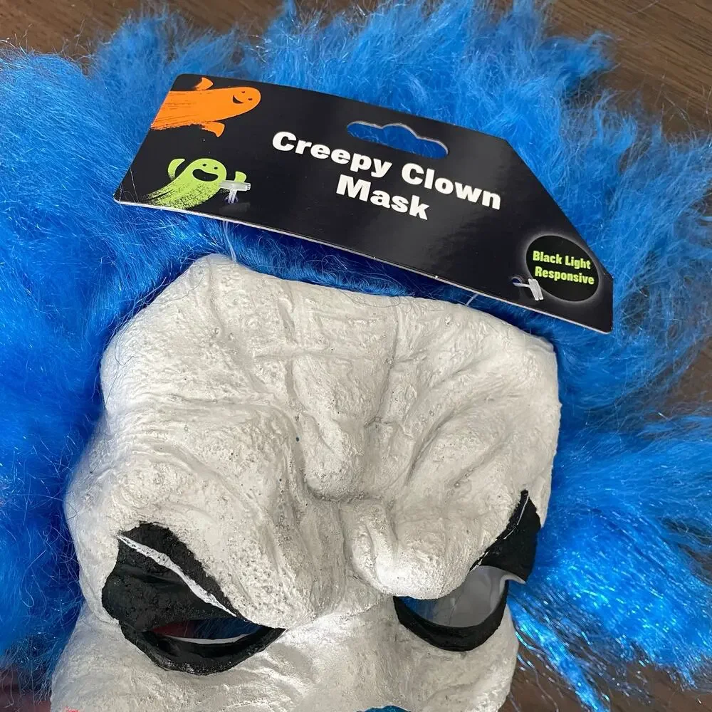 Creepy Clown Mask Halloween Costume Black Light Glows Pennywise Blue Hair NWT